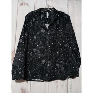 Stars Above Shirt Womens Large Black White Star Print‎ Button Up Flannel Cozy